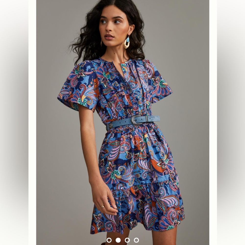 Anthropologie Somerset tiered mini dress floral shirt sleeve vneck tunic paisley